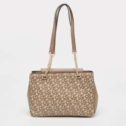 Pre Owned DKNY Beige Signature Coated Canvas and Leather Chain Tote
