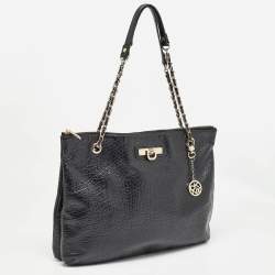 Pre Owned DKNY Black Leather Charm Chain Tote