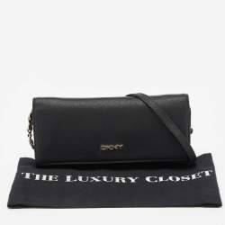 DKNY Black Saffiano Leather Flap Wallet on Chain