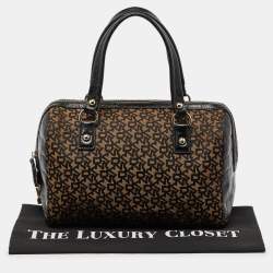 DKNY Brown/Black Signature Canvas and Croc Embossed Leather Satchel