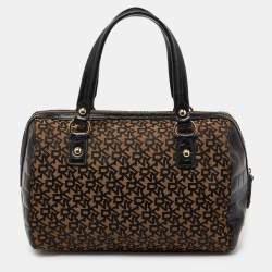 DKNY Brown/Black Signature Canvas and Croc Embossed Leather Satchel