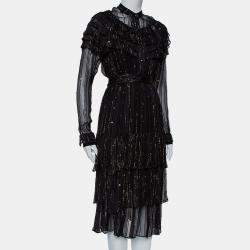 Dodo Bar Or Black Lurex Chiffon Ruffle Detail Tiered Belted Midi Dress M