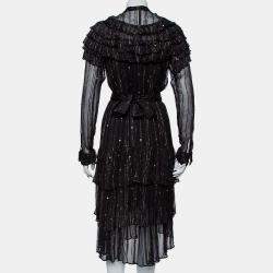 Dodo Bar Or Black Lurex Chiffon Ruffle Detail Tiered Belted Midi Dress M