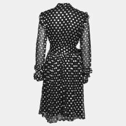 Pre Owned Dodo Baror Black & Silver Polka Dotted Chiffon Ruffle Trimmed Belted Dress M