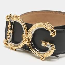 Pre Owned Dolce & Gabbana Black Leather Baroque Logo Buckle Belt 85CM