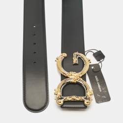 Pre Owned Dolce & Gabbana Black Leather Baroque Logo Buckle Belt 85CM