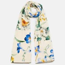 Pre Owned Dolce & Gabbana White Floral Print Stretch Silk Hijab Scarf
