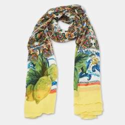 مملوكة مسبقًا Dolce & Gabbana Yellow/Blue Majolica Print Crinkle Silk Stole