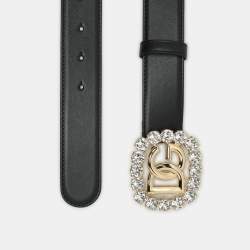 Pre Owned Dolce & Gabbana Black Leather Crystal Embellished Logo Belt 65CM