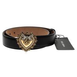 Pre Owned Dolce & Gabbana Black Leather Devotion Heart Buckle Belt 75cm
