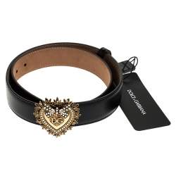 Pre Owned Dolce & Gabbana Black Leather Devotion Heart Buckle Belt 75cm