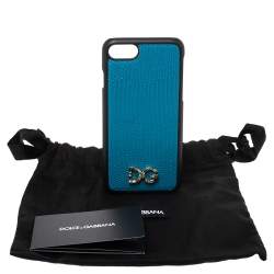 Pre Owned Dolce & Gabbana Blue Lizard Effect Leather Crystal Logo iPhone 7 Cover