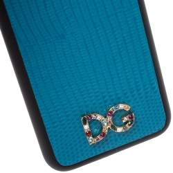 Pre Owned Dolce & Gabbana Blue Lizard Effect Leather Crystal Logo iPhone 7 Cover