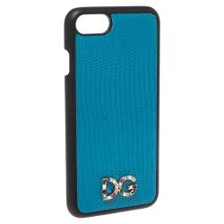 Pre Owned Dolce & Gabbana Blue Lizard Effect Leather Crystal Logo iPhone 7 Cover
