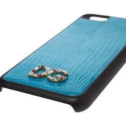 Pre Owned Dolce & Gabbana Blue Lizard Effect Leather Crystal Logo iPhone 7 Cover