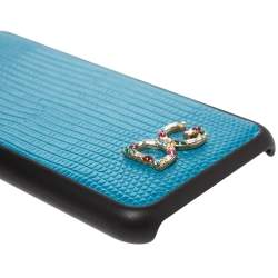 Pre Owned Dolce & Gabbana Blue Lizard Effect Leather Crystal Logo iPhone 7 Cover