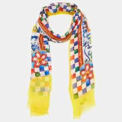 Pre Owned Dolce & Gabbana Yellow Majolica Print Silk Gauze Scarf 
