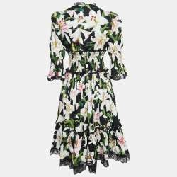 Pre Owned Dolce & Gabbana Black Lily Print Cotton and Lace Midi Length Dress M