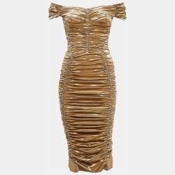 Dolce & Gabbana Metallic Gold Lame Ruche Off-Shoulder Dress M