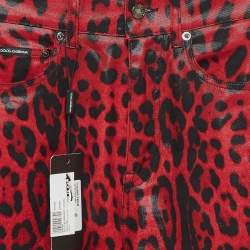 Pre Owned Dolce & Gabbana Red Leopard Print Denim Skinny Jeans S Waist 26"