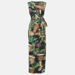 Dolce & Gabbana Black/Multicolor Printed Silk Sleeveless Draped Maxi Dress XL