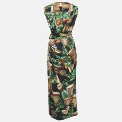 Dolce & Gabbana Black/Multicolor Printed Silk Sleeveless Draped Maxi Dress XL