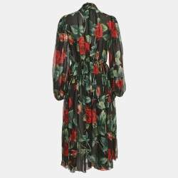 Pre Owned Dolce & Gabbana Black Rose Print Silk High Neck Midi Dress M