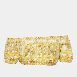 Pre Owned Dolce & Gabbana Yellow Majolica Print Cotton Off-Shoulder Crop Top M