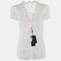 Pre Owned Dolce & Gabbana Off-White Cotton Contrast Trim Top M