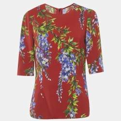 Pre Owned Dolce & Gabbana Red Floral Print Crepe Blouse M