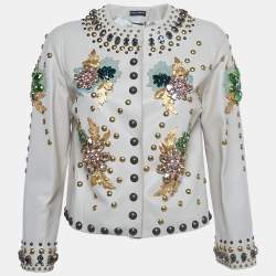 Pre Owned Dolce & Gabbana Beige Crystal Embellished Leather Jacket S