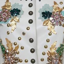 Pre Owned Dolce & Gabbana Beige Crystal Embellished Leather Jacket S