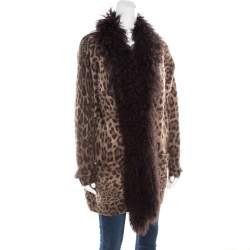 Pre Owned Dolce & Gabbana Brown Wool and Mohair Animal Printed Lamb Fur Trim Detail Jacket M