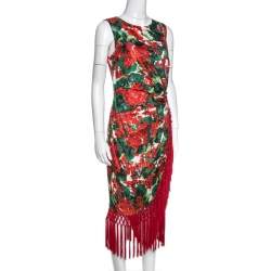 Pre Owned فستان دولتشي أند غابانا فايلي شراشيب حرير مطبوع مورد متعدد الألوان M