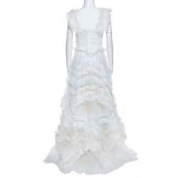 Pre Owned Dolce & Gabbana Off White Silk Feather Trim Ruffle Detail Gown L
