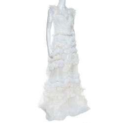 Pre Owned Dolce & Gabbana Off White Silk Feather Trim Ruffle Detail Gown L