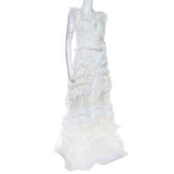 Pre Owned Dolce & Gabbana Off White Silk Feather Trim Ruffle Detail Gown M