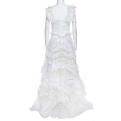 Pre Owned Dolce & Gabbana Off White Silk Feather Trim Ruffle Detail Gown M