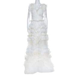 Pre Owned Dolce & Gabbana Off White Silk Feather Trim Ruffle Detail Gown M