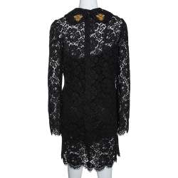 Pre Owned Dolce & Gabbana Black Floral Lace Bee Appliqued Shift Dress L