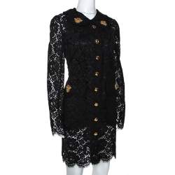 Pre Owned Dolce & Gabbana Black Floral Lace Bee Appliqued Shift Dress L