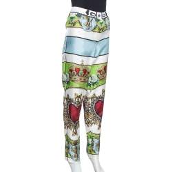 Pre Owned Dolce & Gabbana White Sacred Heart Print Silk Tapered Trousers S