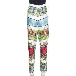Pre Owned Dolce & Gabbana White Sacred Heart Print Silk Tapered Trousers S
