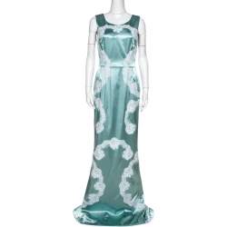 Pre Owned Dolce & Gabbana Light Blue Satin Lace Trim Gown L