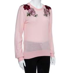 Pre Owned Dolce & Gabbana Pink Rose Applique Cashmere Pullover L