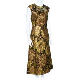 Pre Owned Dolce & Gabbana Gold Floral Jacquard Royal Embellished Midi Dress M