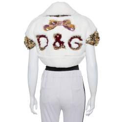 Pre Owned Dolce & Gabbana White Fur Stone & Sequin Embellished Open Front Crop Jacket S