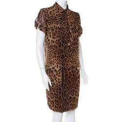 Pre Owned Dolce & Gabbana Brown Animal Printed Cotton Collared Shift Dress L