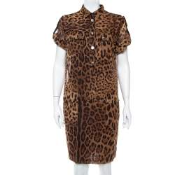 Pre Owned Dolce & Gabbana Brown Animal Printed Cotton Collared Shift Dress L