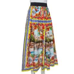 Pre Owned Dolce & Gabbana Multicolor Sicilian Postcard Printed Cotton Midi Skirt S